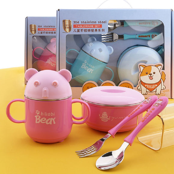 MyKC 4 Pieces Children's 304 Stainless Steel tableware set Dinner Set Cutlery Gift Set for Kids Baby include Feeding Bowl, Drinking Mug, Spoon, Fork Set with Bear Portrait