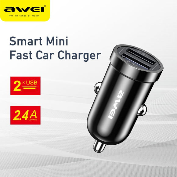 AWEI C-826 12W 2.4A Mini Phone Car Charger Dual USB C Fast Charging Quality Chip Protect Phone Battery For Mobile Phone