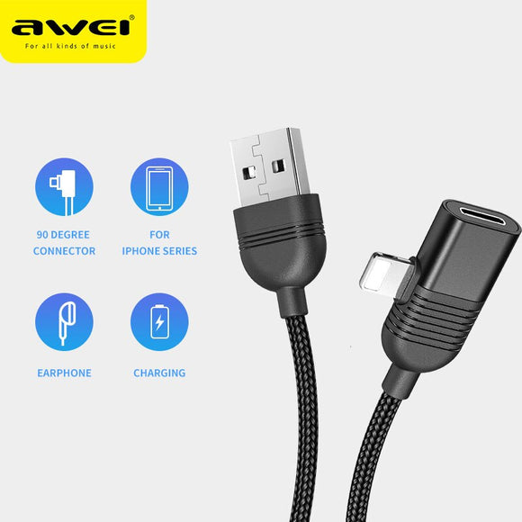 Awei CL-75 USB Charging for iP & Audio Converter Port for Earphones 2 In 1 Gaming Cables for Moblile Phone