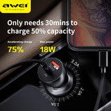 AWEI C-822 18W Car Charger Mini Durable Design USB C + Type-C PD+QC 3.0 Quick Charging Phone Charger For Android and iOS mobile phone
