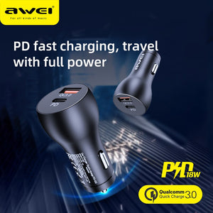 AWEI C-822 18W Car Charger Mini Durable Design USB C + Type-C PD+QC 3.0 Quick Charging Phone Charger For Android and iOS mobile phone