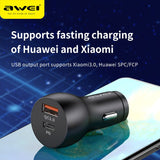 AWEI C-822 18W Car Charger Mini Durable Design USB C + Type-C PD+QC 3.0 Quick Charging Phone Charger For Android and iOS mobile phone