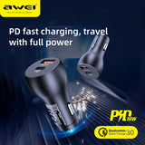 AWEI C-822 18W Car Charger Mini Durable Design USB C + Type-C PD+QC 3.0 Quick Charging Phone Charger For Android and iOS mobile phone