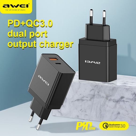 AWEI C-980 18W QC3.0 USB Quick Charging + PD Type-C Fast Phone Charger  Wall Adapter For iPhone XR Huawei Xiaomi EU Plug